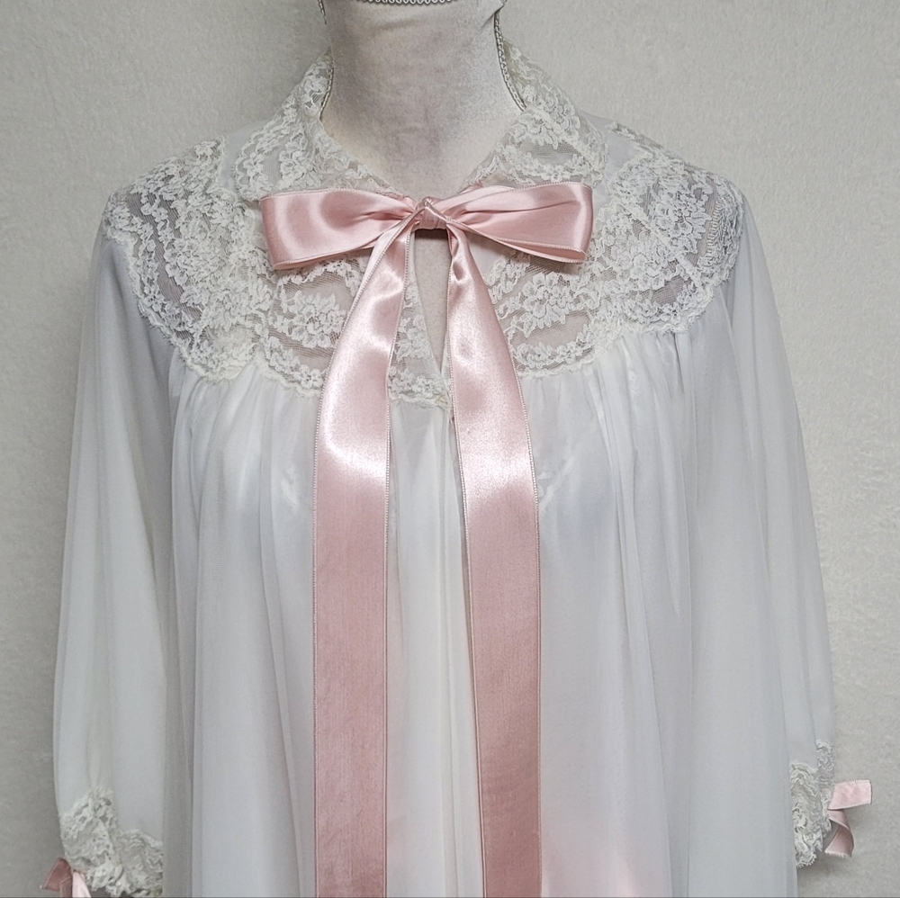 Lady Leonora Rare Vintage 40s White Chiffon Pink Satin Lace Peignoir Two-Piece - Picture 11 of 16